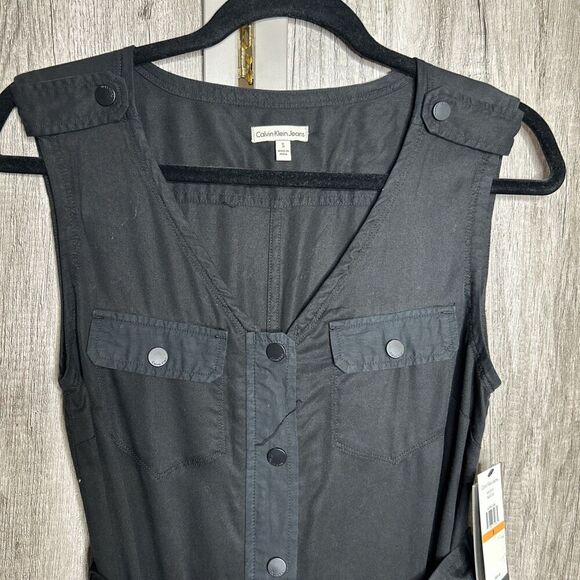 Calvin Klein Shirt Dress Snap Buttons V Neck Belt Patch Pockets Black Size S - Picture 3 of 10